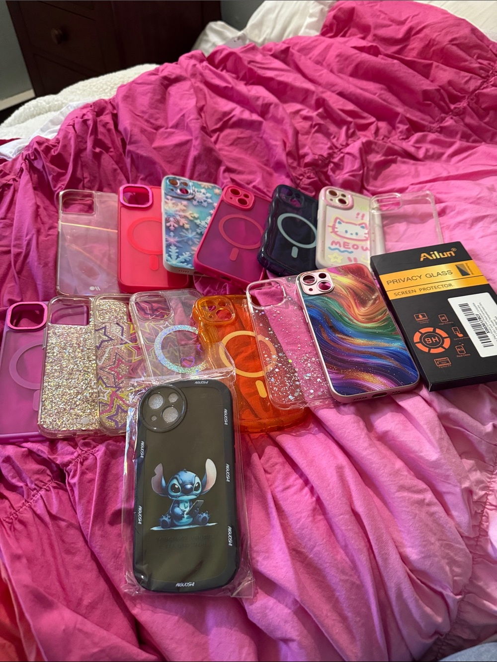 Pink & Multicolor Decorative Phone Case Set with Privacy Glass Protector